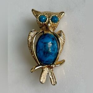 Gold-Tone Owl Brooch with Blue Cabochons